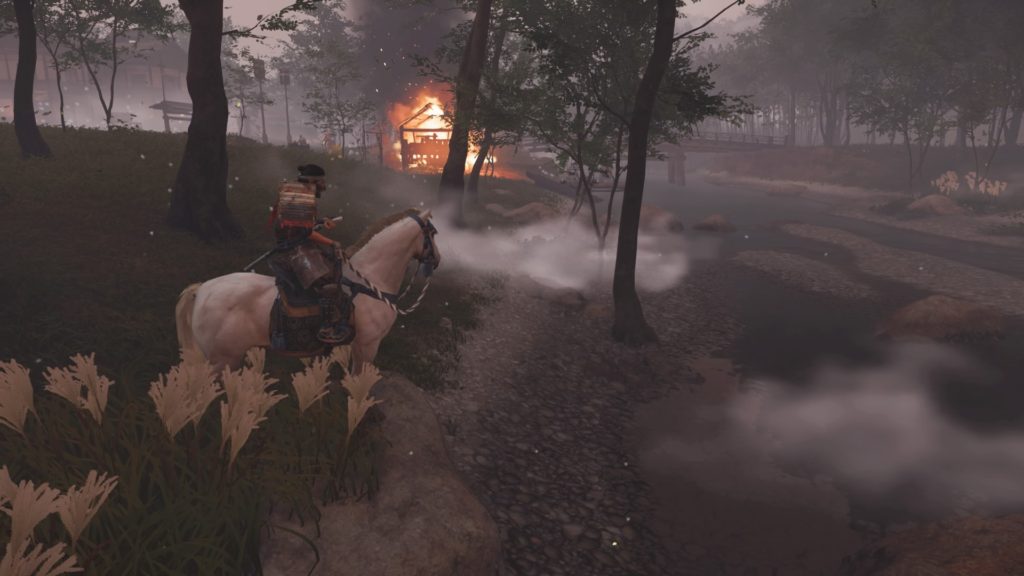 Ghost of Tsushima 燃やされた建物の前で蒙古軍が何かを話している