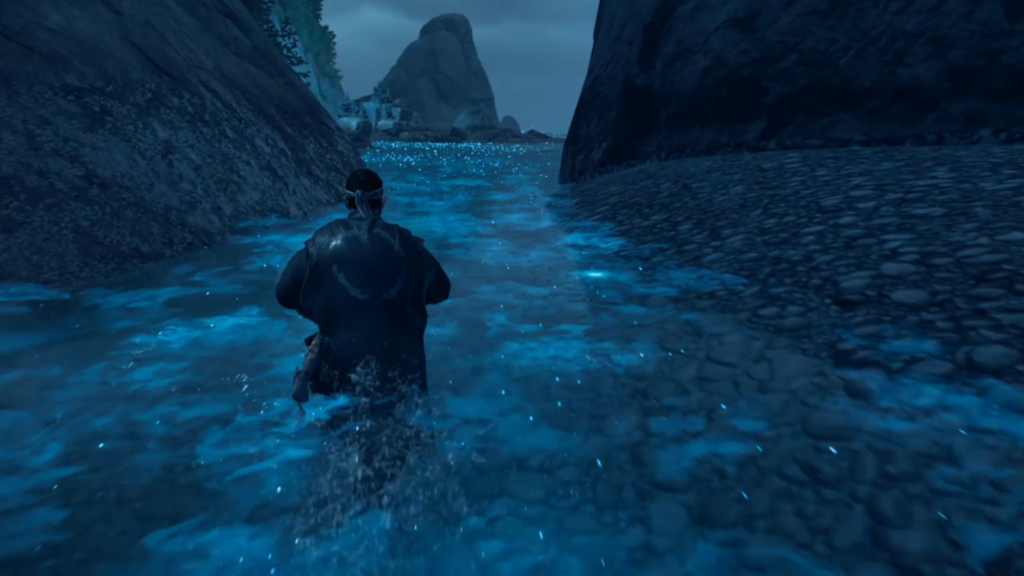 ゴーストオブツシマ　猿神と黒手の陸　キラキラ光る海を進む