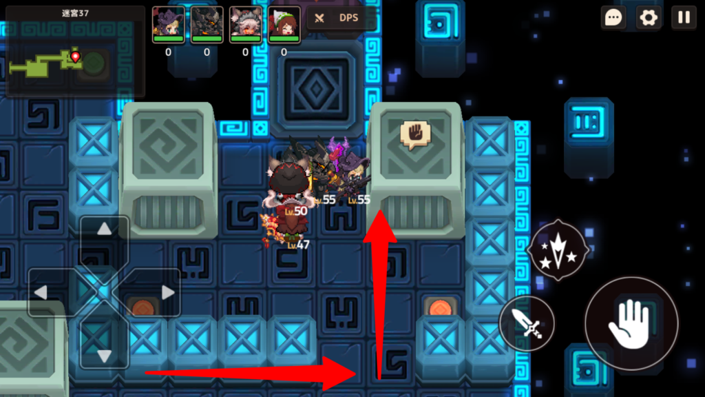 右下のブロックを右上の赤ボタンの上に動かす