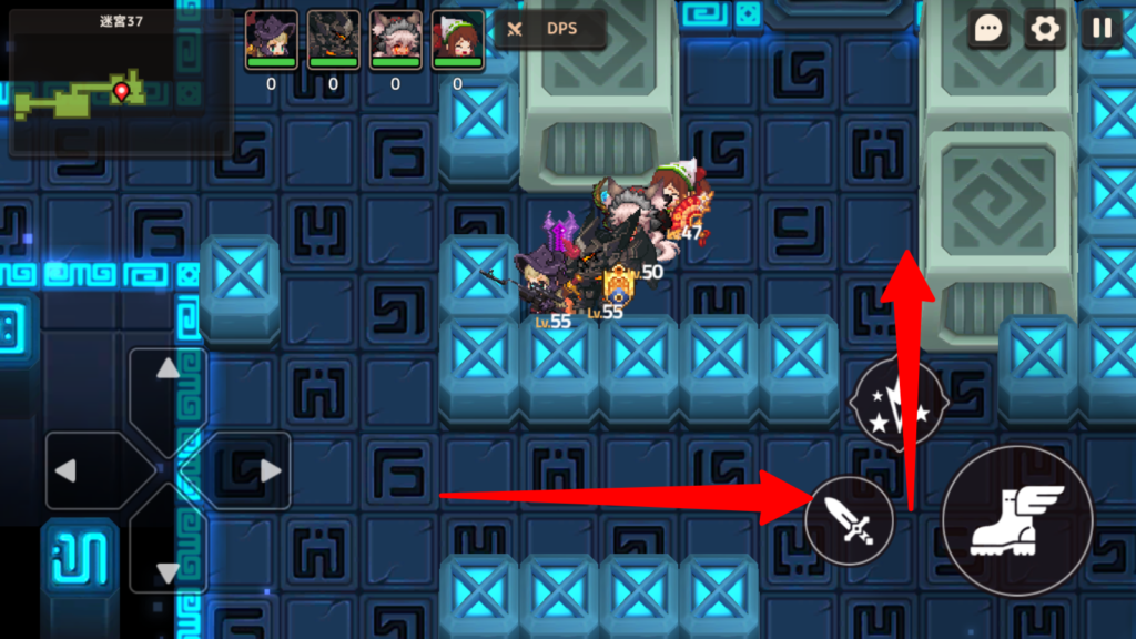 左下のブロックを右下の赤ボタンの上に動かす